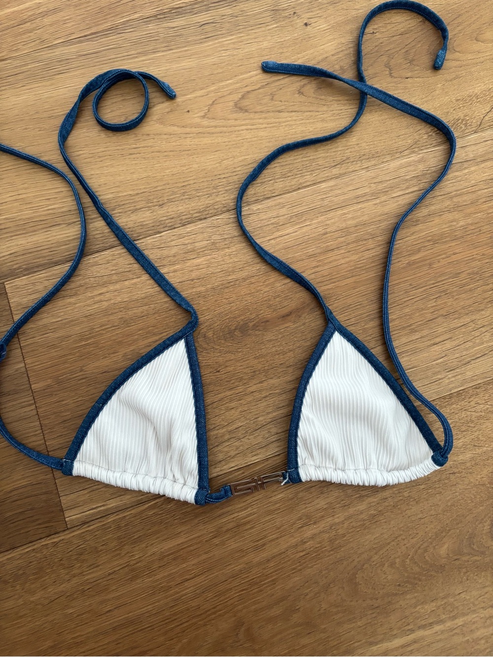 I AM GIA White Triangle Bikini Top with Navy Trim
